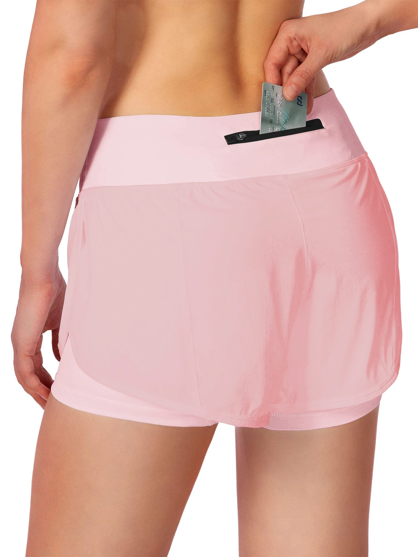 2-in-1-Laufshorts für Damen, Shorts aus Spandex mit hoher Taille, geeignet für Fitnessstudio, Yoga und Sport, mit Reißverschlusstaschen. – Detail 2