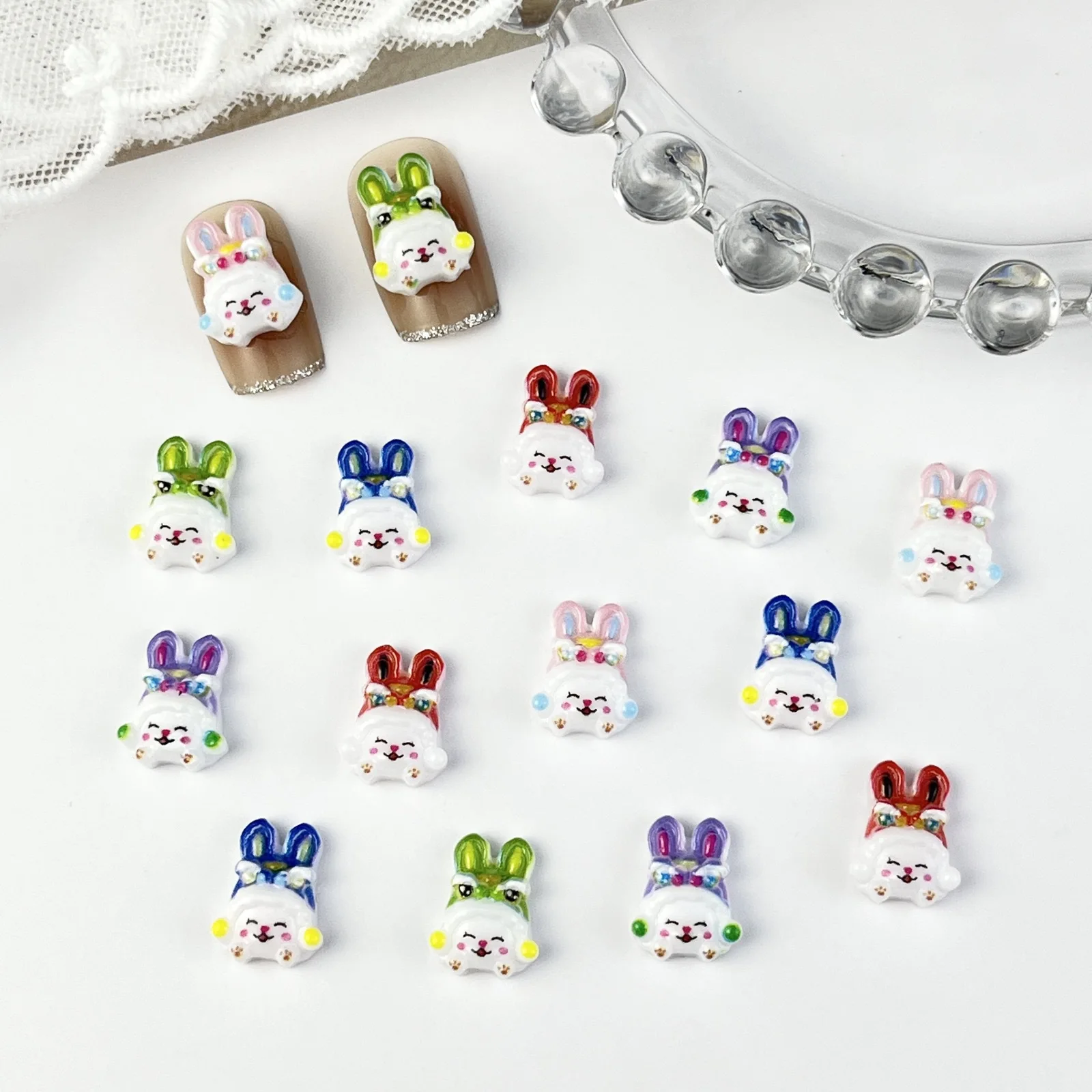 20pcs miniso cute colorful rabbit cartoon nail charms for diy nail making cute mini resin flatback nail art decoreation