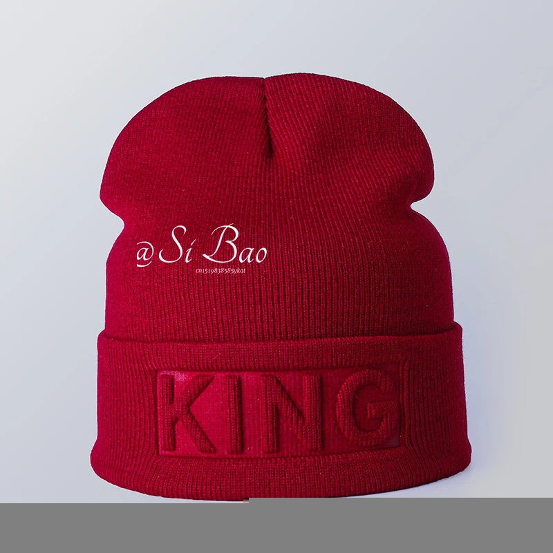 New Winter Hat King Queen Beanies Fashion Hip Hop Couples Cap Casual Solid Hat Men Woman Warm Knitted Beanie Ski Skullies Bonnet