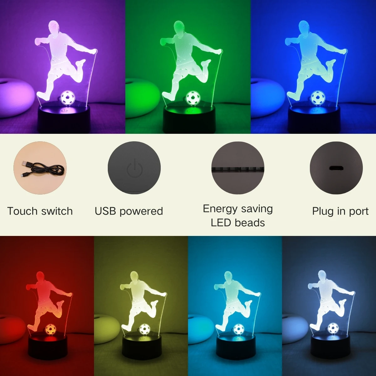 USB 3D Night Light Football Sports Atmosphere Light Colorful Touch Color Change Night Light Room Decoration Table Light