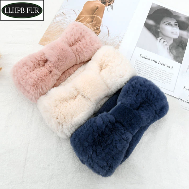 2024 New women's luxury winter 100% rex rabbit fur knitted elastic headband high quality real fur hair band Fashion accessories