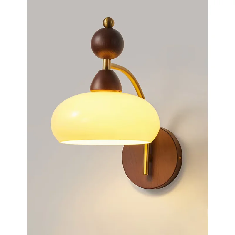 Neoclassical Wood Wall Sconce Lamp with High CRI and Anti-Blue Light Warm Japanese Glass Wall Lights Bedside Lamp