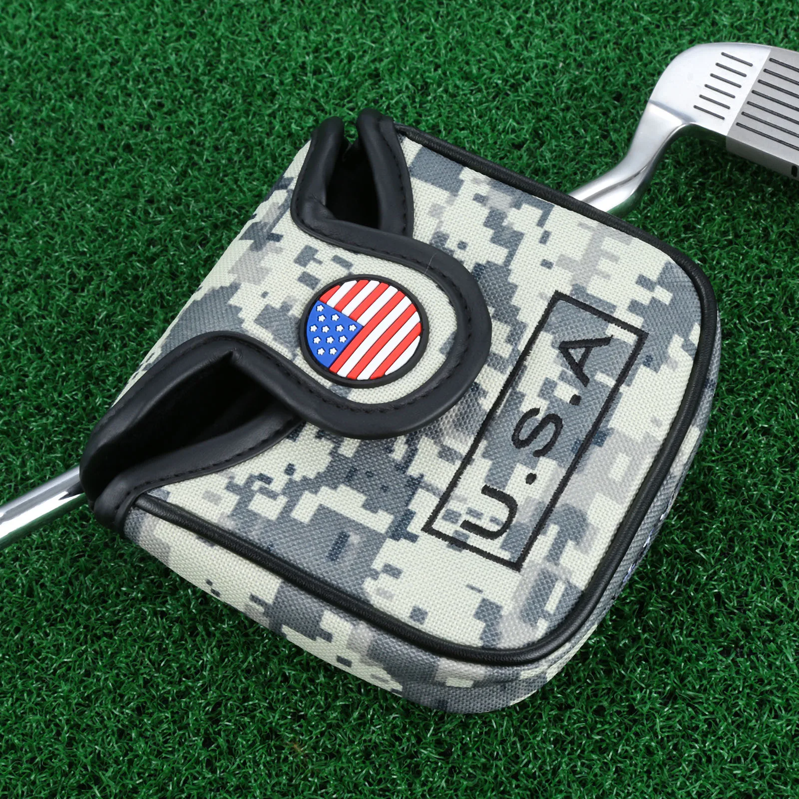 

gohantee Waterproof Durable Nylon Golf Club Blade Putter Head Covers Camouflage USA Flag Headcover Protector Bag Square Shaped