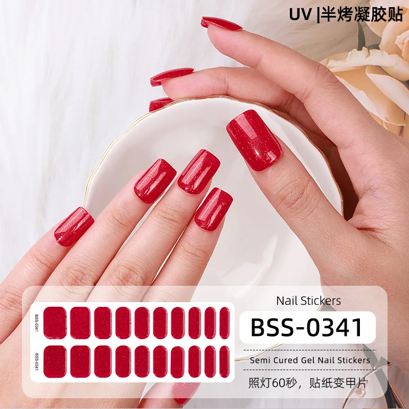 20 Strips New Solid Color Onion Powder Gel Stickers Semi-cured UV Gel Nail Stickers Full Paste Decals  Nail Wraps UV Lamp Need