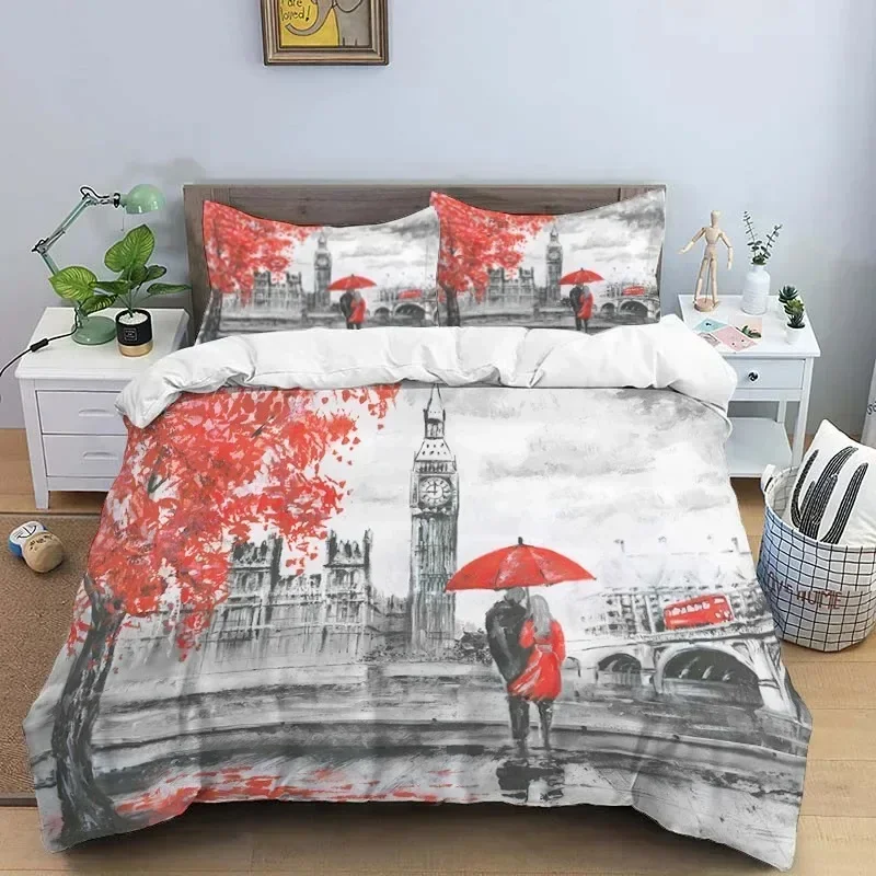 Vintage English Tower HD Print Bedding Set，boy、girl's Bed Double Bed Duvet Covers Pillowcase Bedding Set，King Size Bedding Set