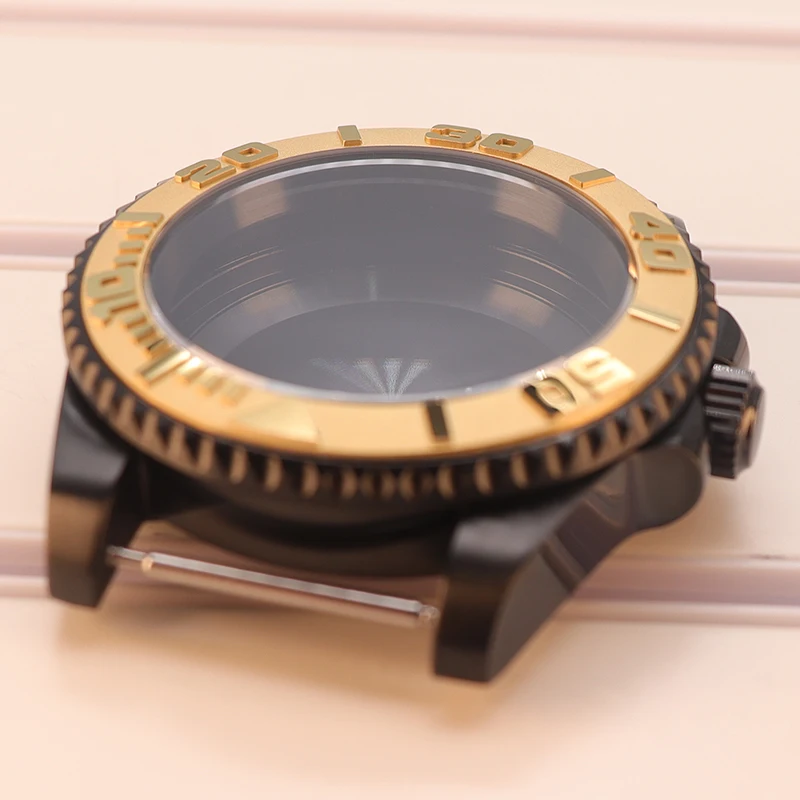 Schwarzes 40mm Herren-Uhrengehäuse mit Saphirglas und schwarzer Yacht-Lünette für Seiko nh35 nh34 NH36 NH38 Eta2824 Miyota8215 Uhrwerk 28,5mm Zifferblatt – Detail 7