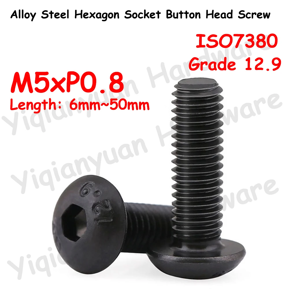 

Yiqianyuan ISO7380 M5xP0.8 Grade 12.9 Alloy Steel Hexagon Socket Button Round Head Screws Allen Key Hex. Bolts Full Threaded