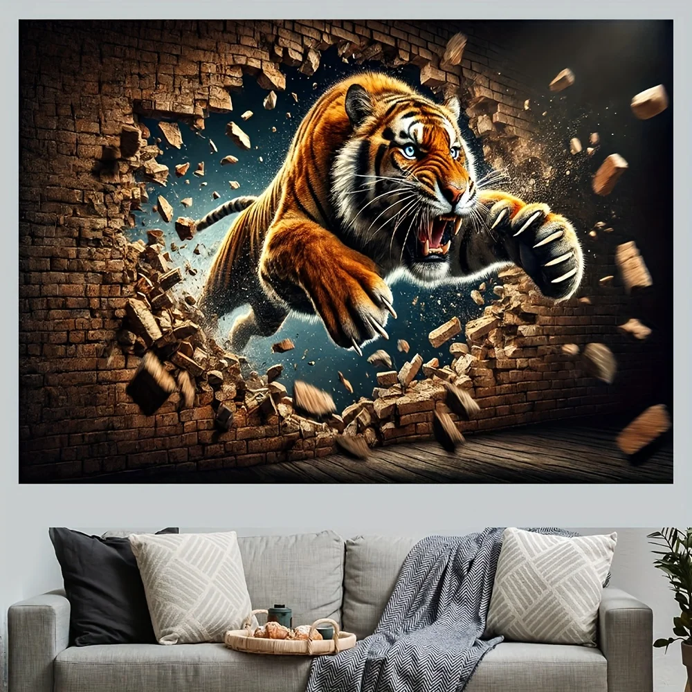 Tiger Breaking Wall 3D Art Print Animal Wall Mural Living Room Decor Modern Home Interior Design Wildlife Poster Tiger Art