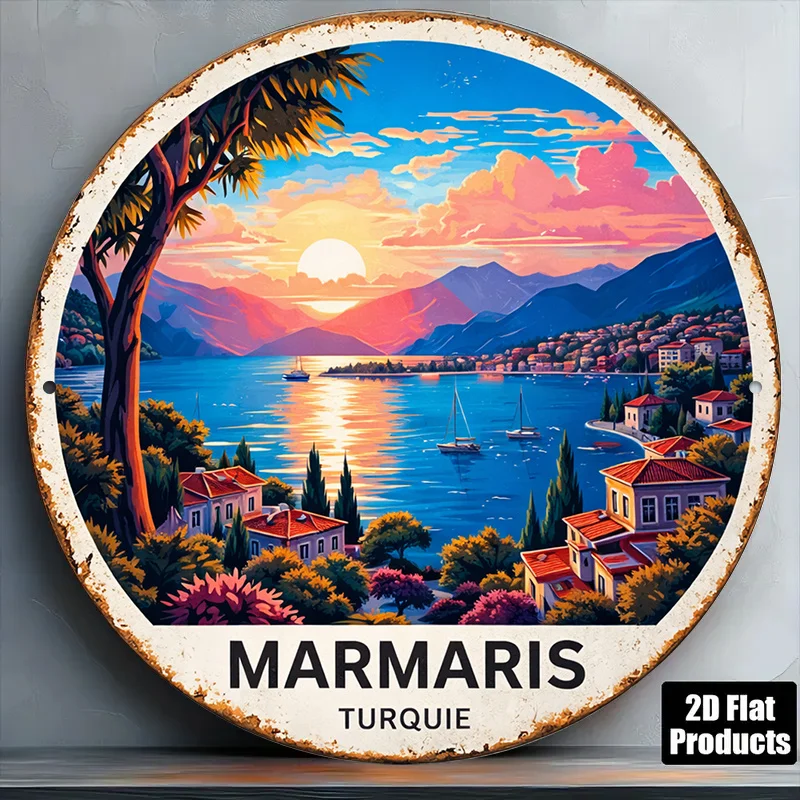 2D Flat Plate——1 Piece 8*8inch /20X20 cm 2D Flat Round Sign, Vintage Plaque Featuring Marmaris Turkish Seaside Scenery, Turkish Vacation Decoration Si