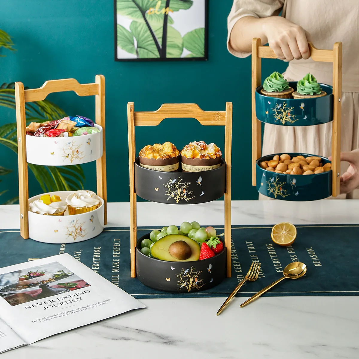 Dining room, hotel, ceramic tableware, double-layer fruit plate, bamboo and wood handle, dried fruit plate, cake, Dim sum plate