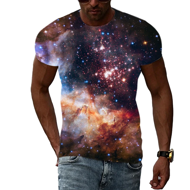 2022 Summer Men\'s Casual T-Shirt Galaxy Pattern 3D Three-dimensional Printing Fashion High Street Short Sleeve Oversized Top