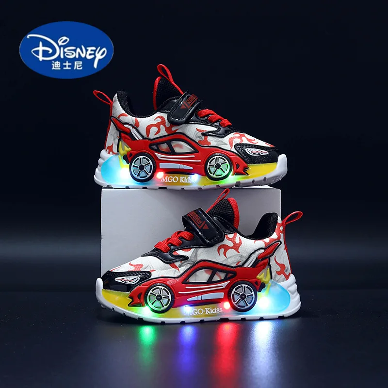 Disney 2025 Kids' Race Car LED Sneakers - Light-Up Leather Shoes for Boys 1-6 Years, Sports & Casual Play