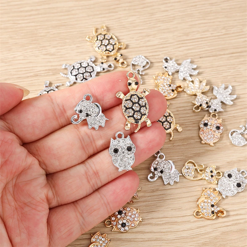 10 Stück Cartoon-Tieranhänger aus Kristalllegierung, Elefant, Eule, Katze, Schildkröte, Anhänger für die Schmuckherstellung, Halsketten, Ohrringe, DIY-Geschenk – Detail 2
