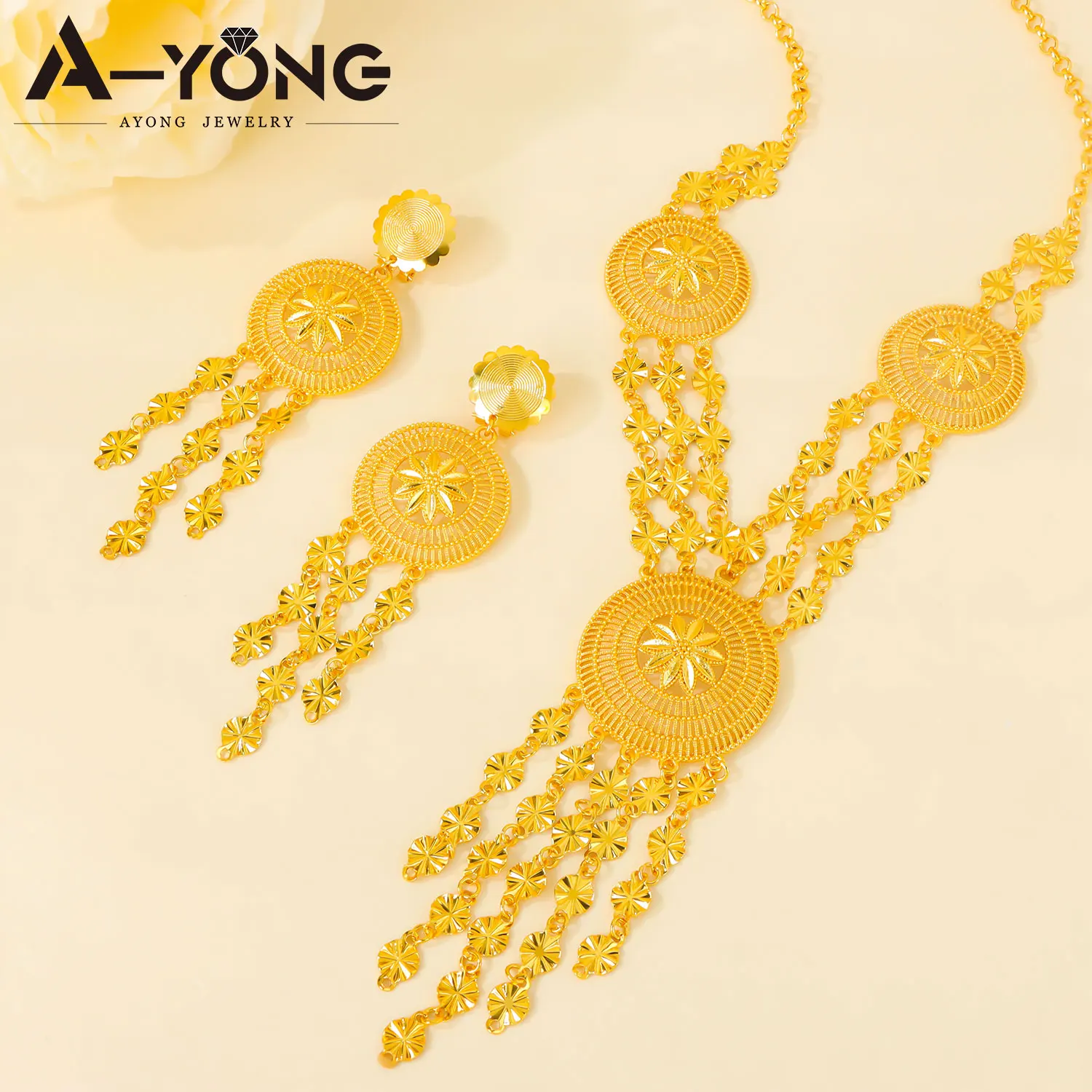 Ethiopian Nigeria Gold Color Jewelry Set Habesha Bridal Wedding Long Necklace Earrings Dubai Women Vintage Party Jewelrys