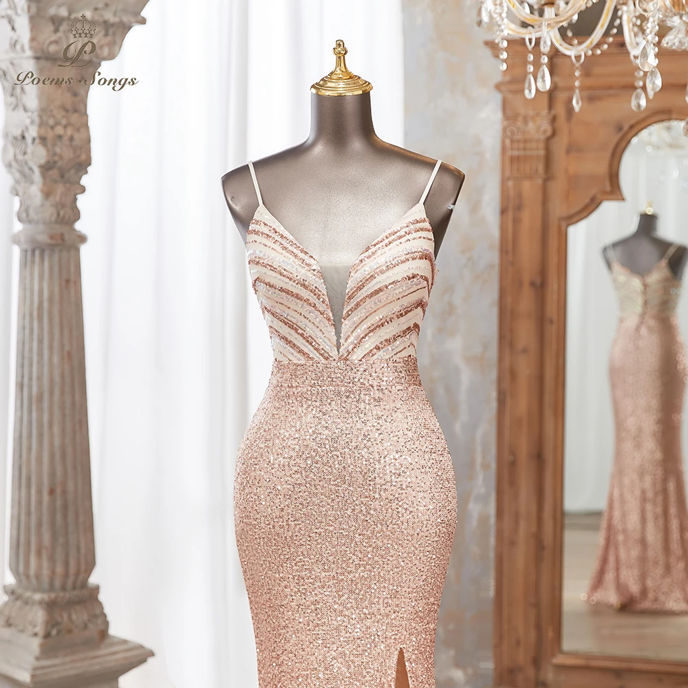 Stunning Gold Sequin Evening Dress Side Slit Elegant Perfect Parties Formal Events vestidos de fiestas elegantes mujer