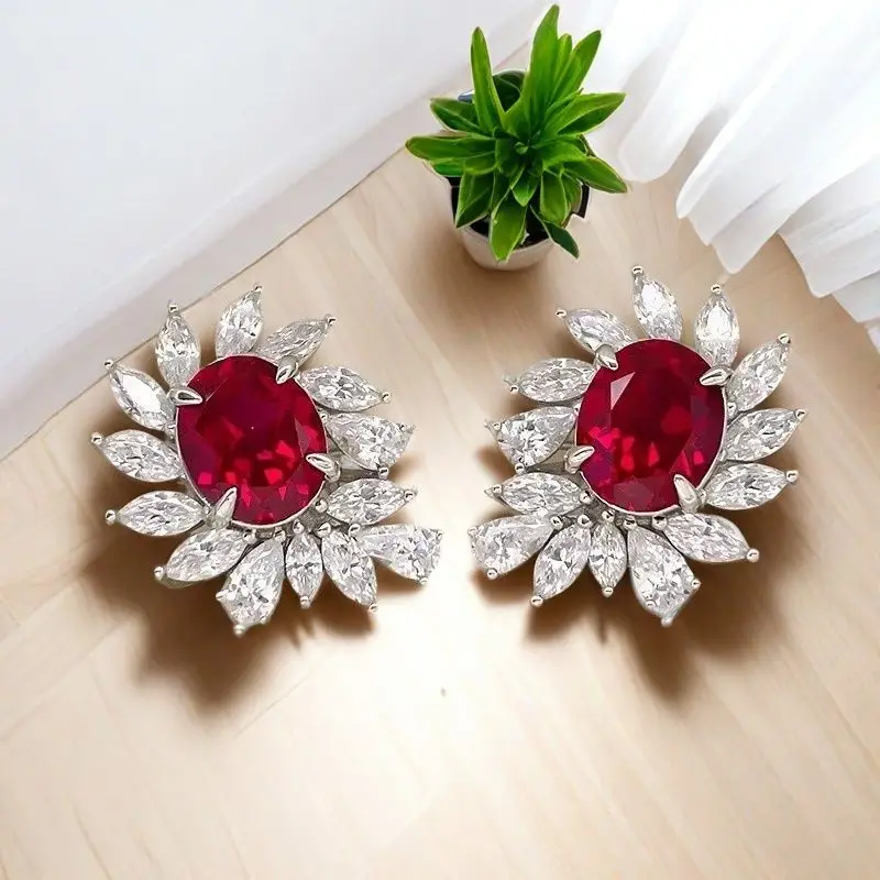 Серьги с красным цирконом, геометрический эллипс, квадратные праздничные украшения для вечеринок, европейско-американский стиль, инкрустированный цветок Серьги с красным цирконом, геометрический эллипс, квадратные праздничные украшения для вечеринок, европейско-американский стиль, инкрустированный цветок