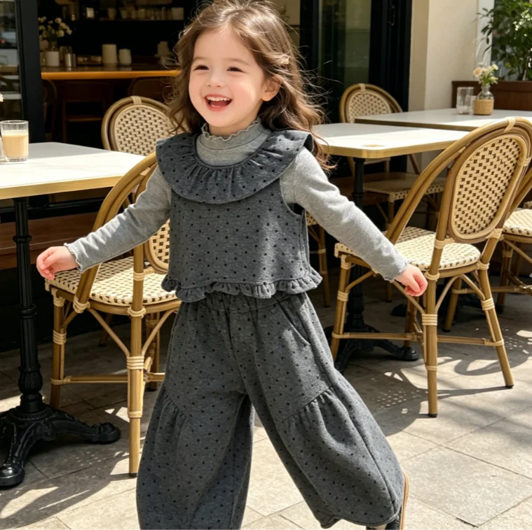 Girls Suit 2026 Spring and Autumn New Children's Clothing Korean Girl Baby Lace Polka Dot Vest Wide Leg Pants Three-piece Set