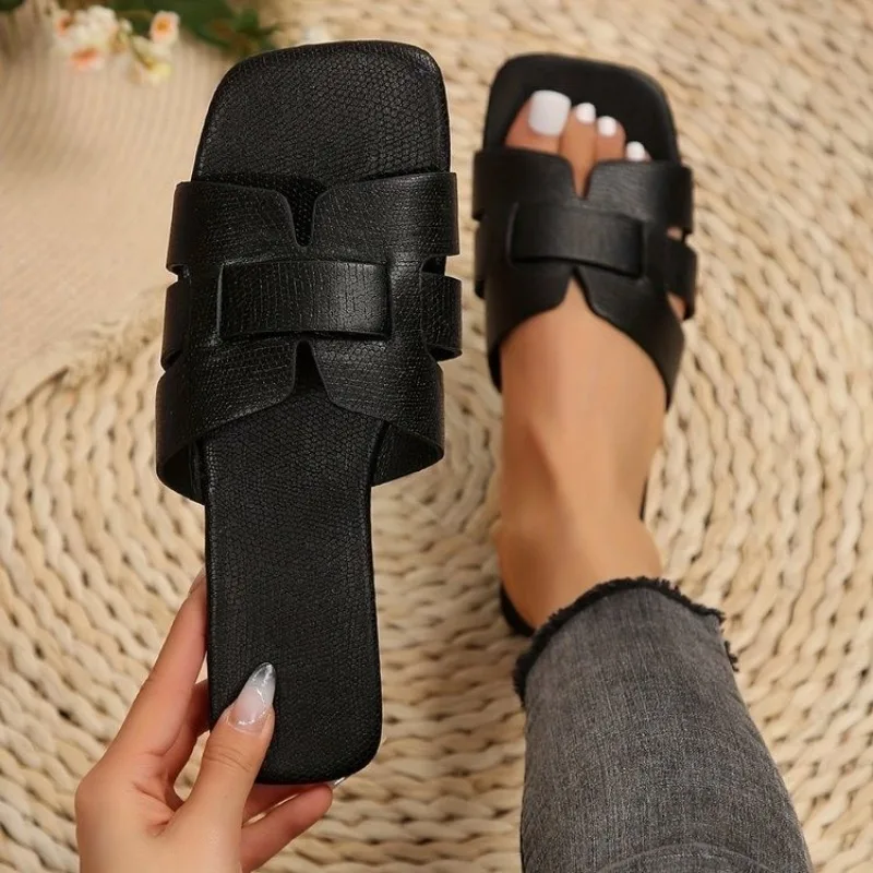 Шлепанцы женские с квадратным носком, римские сандалии с открытым носком, пляжная обувь на плоской подошве, уличные Повседневные тапочки