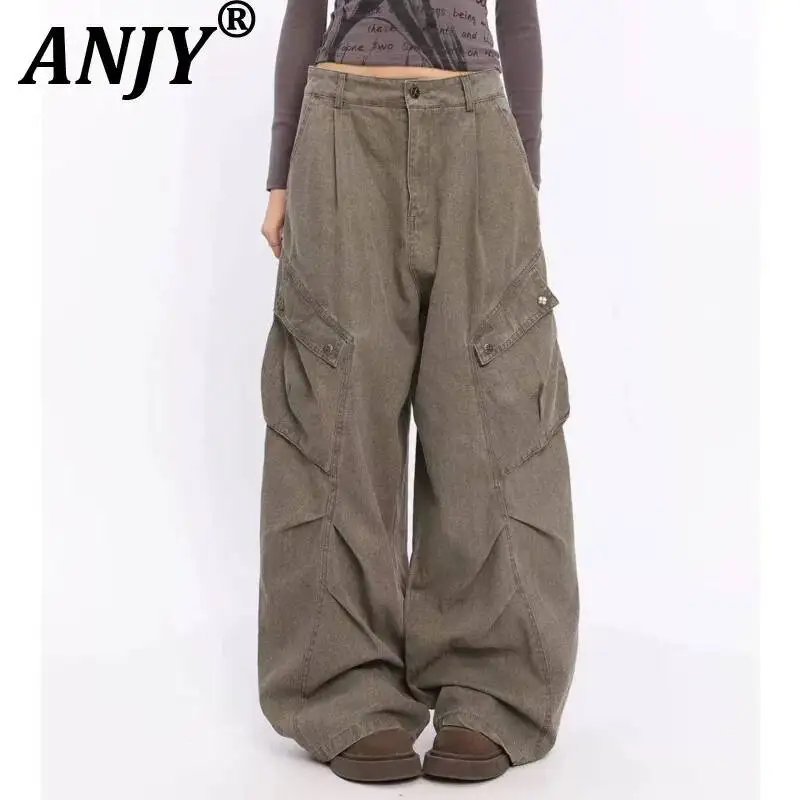 

ANJY Spring Autumn New Women American Style Vintage Washed Pleated Large Pockets Jeans Stylish Wide-leg Denim Cargo Pants A25581