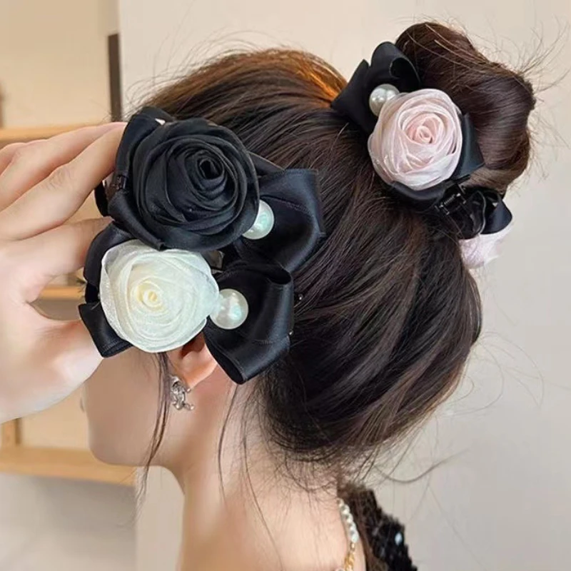 

Korean Ribbon Rose Flower Hair Claws for Women Temperament Hair Clips Fashion Fabric Bow Hairpins Headband Hair Accessories