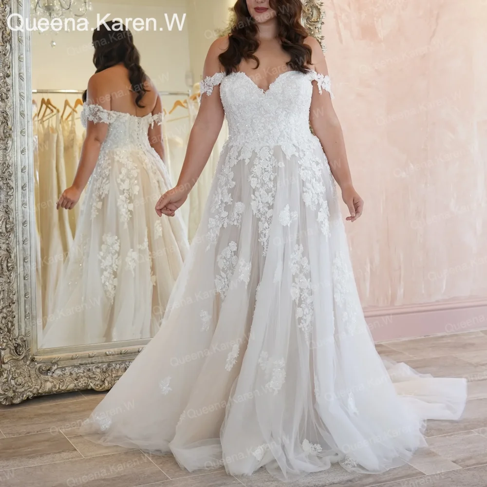 Gaun pengantin elegan, gaun pengantin renda bahu terbuka, gaun pengantin applique A line