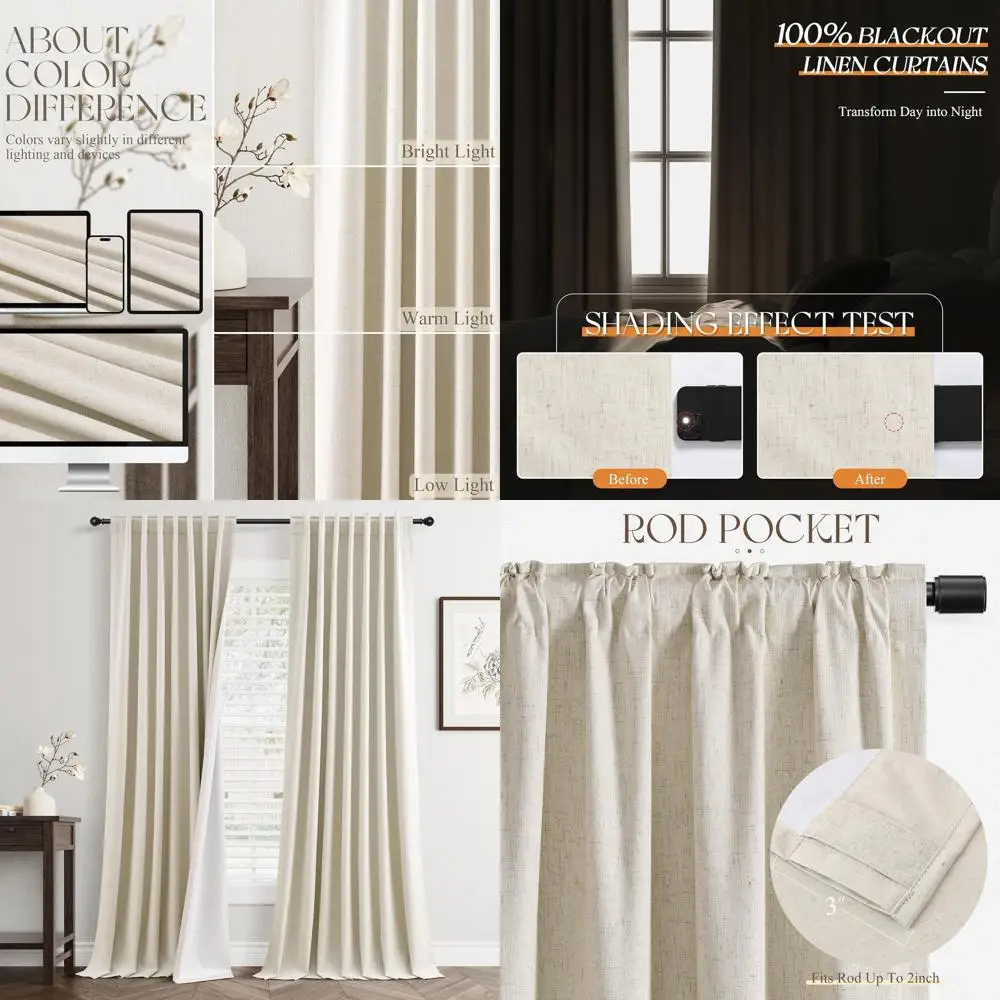 90 ستائر تعتيم من الكتان البيج، مجموعة مكونة من لوحتين لمساحات المعيشة، معزولة حراريًا، تقلل الضوضاء، حجب الضوء بنسبة 100%