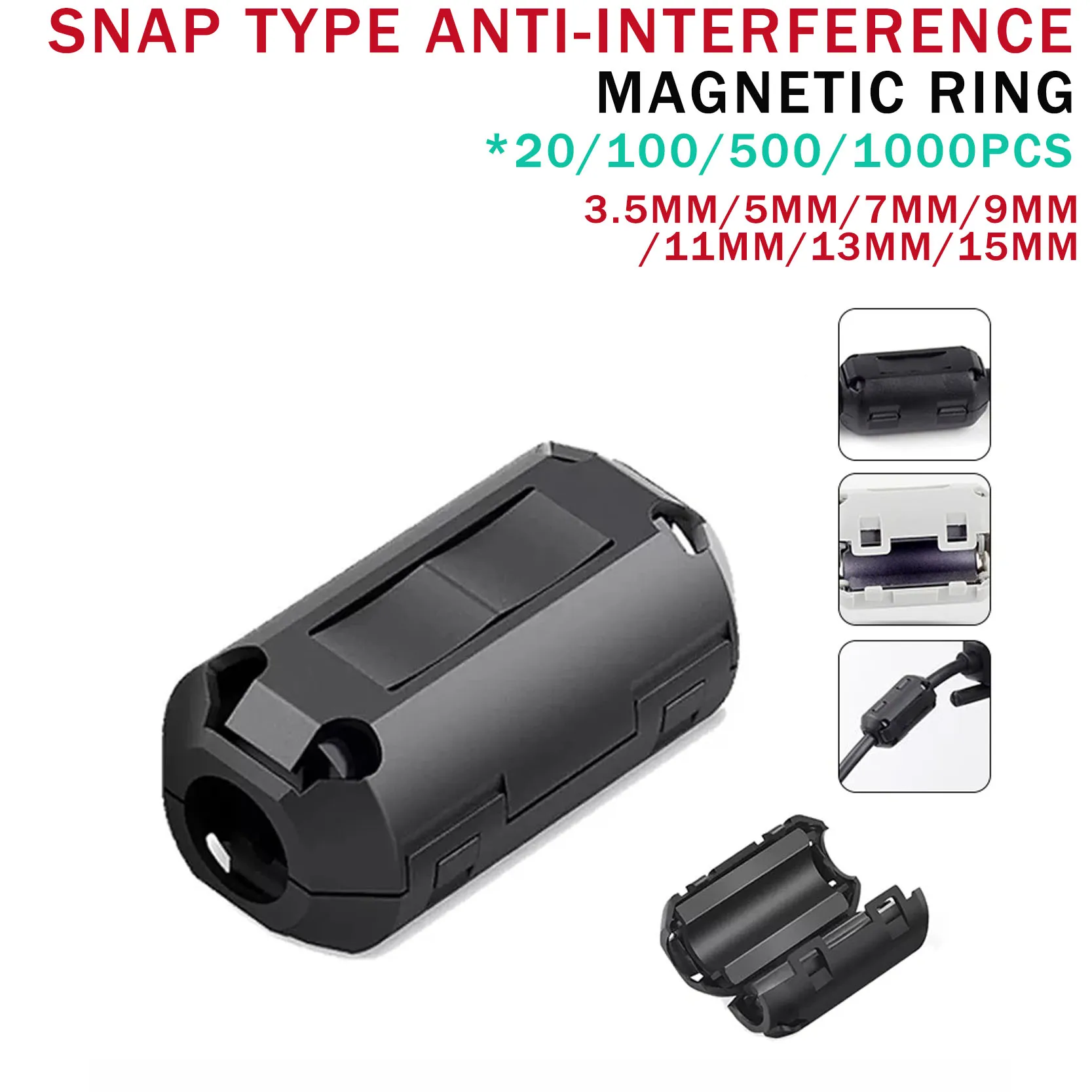 

20PCS Snap Type Anti-interference Magntic Ring EMC Inner Diameter 3.5/5/7/9/13mm Clip-on Ferrite Filter Circular Aperture Tool