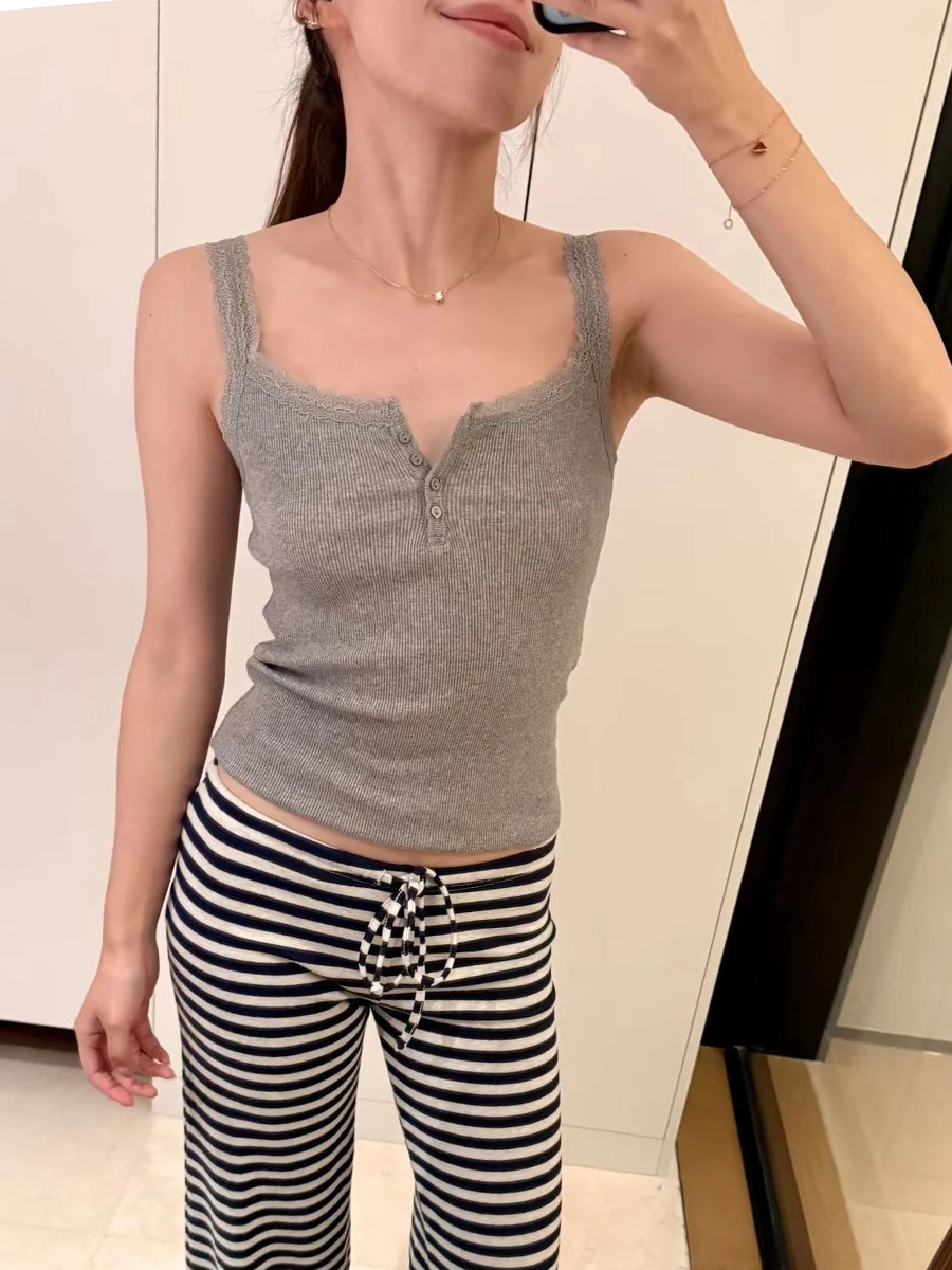 Spitze Trim Lila Schlank Tank Tops Frauen Sommer Vier Tasten Baumwolle Leibchen Weibliche Casual Süße Alle-spiel Grundlegende gerippte Camis Neue – Detail 13