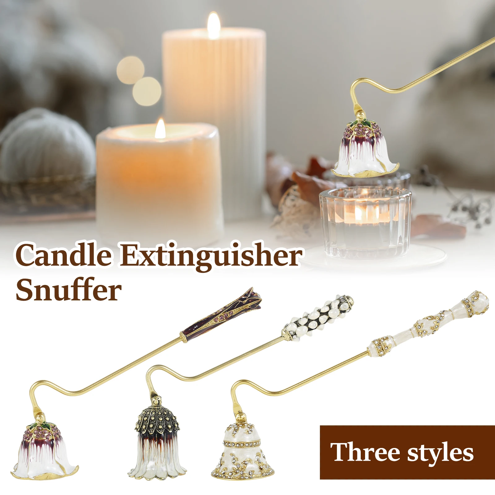 Metal Candle Snuffer With Rotatable Handle Vintage Flower Shape Candle Extinguisher Easy to Use Faux Crystal Decorative Wick