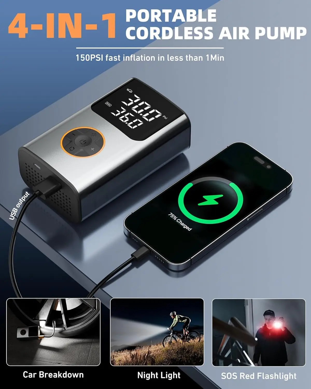 LCDスクリーン付きポータブルエアコンプレッサー、車、バイク、オートバイのタイヤ用150PSIデジタルゲージ