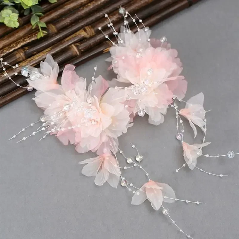 Crystal beads gradually change pink silk flower pair antique hair accessories Tang style