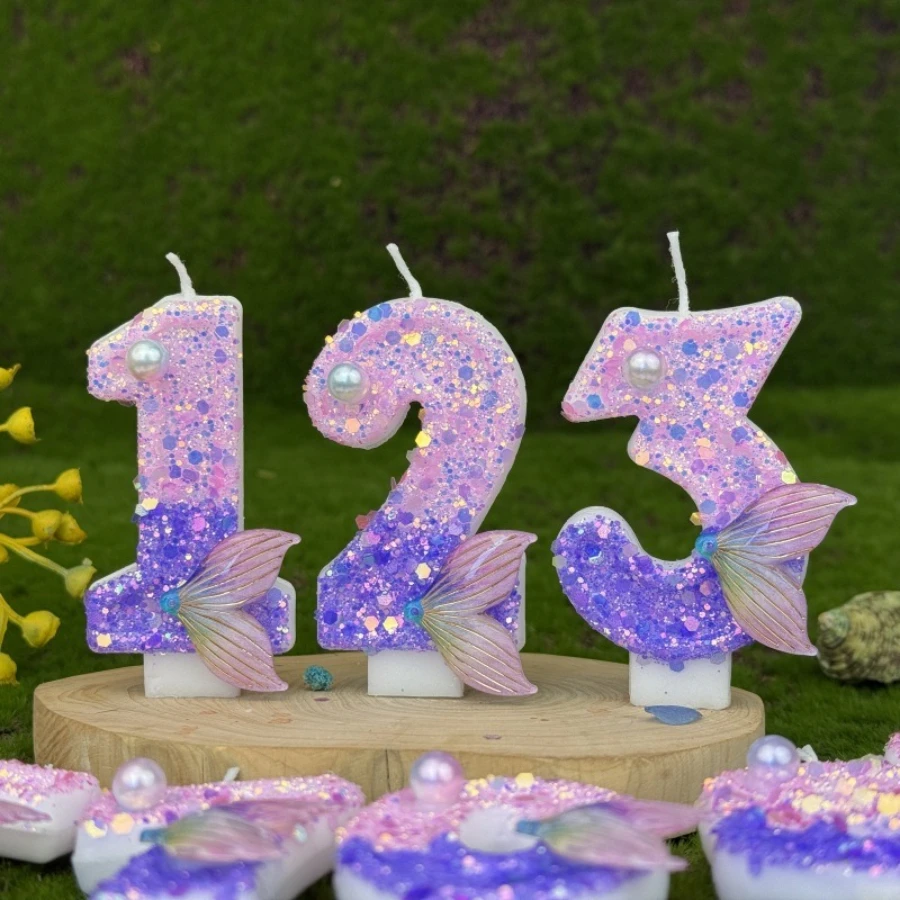 1 Stück rosa mit lila Fischschwanz 0–9 Zahlen Geburtstagskerzen DIY Kuchendekoration Geschenke für Mädchen Festival Hochzeit Party Kerzen