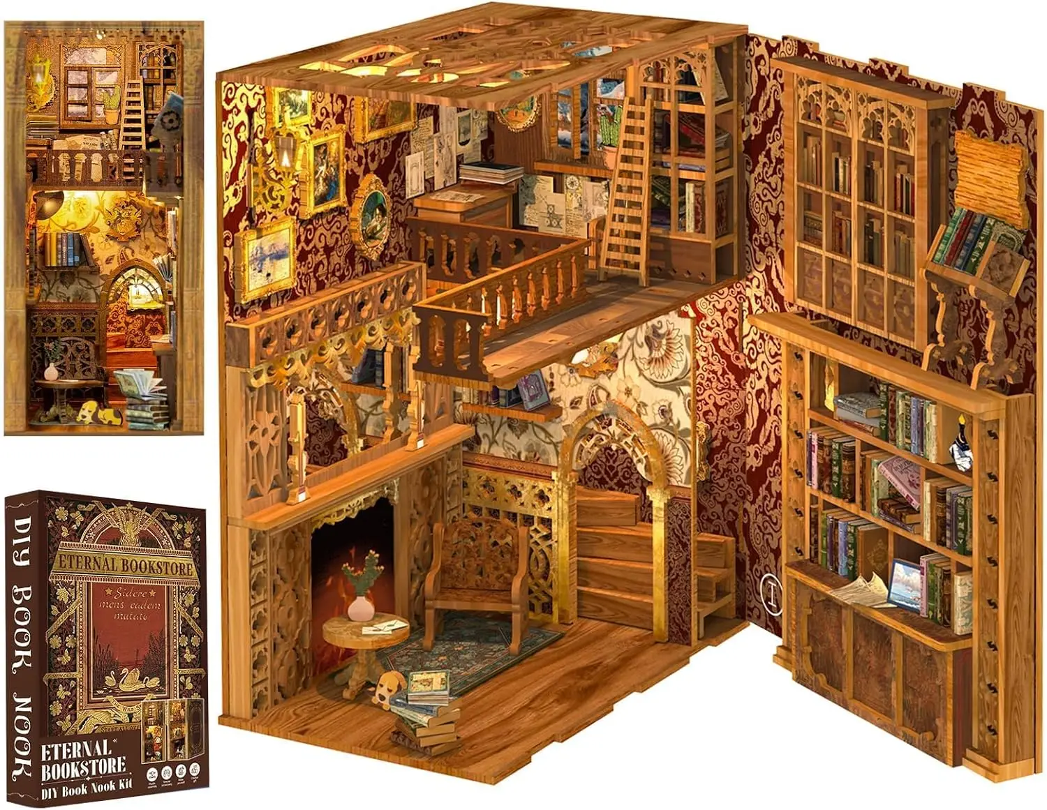 

Book Nook Library Kit, DIY Miniature Dollho e Booknook Kits for Adults Teens, 3D Wooden Puzzle Bookend Bookshelf with L