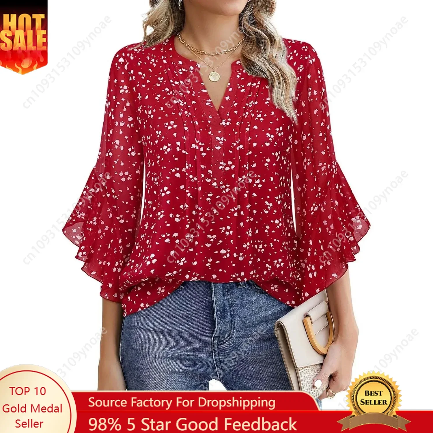 

Polka Dot Chiffon Tops Lotus Leaf 7 Quarter Sleeves Women Work Shirts V Neck Office Shirt Fashionable Elegant Business Top Soft