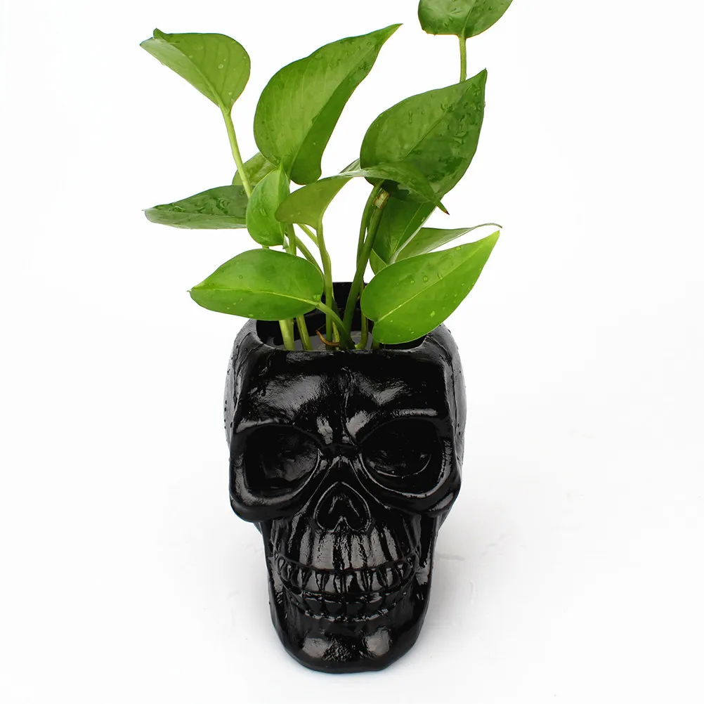 Skull Pen Holder Black Resin Desktop Organizer for Pens Makeup Brushes Flowers Halloween Decoration Stationery Storage Container