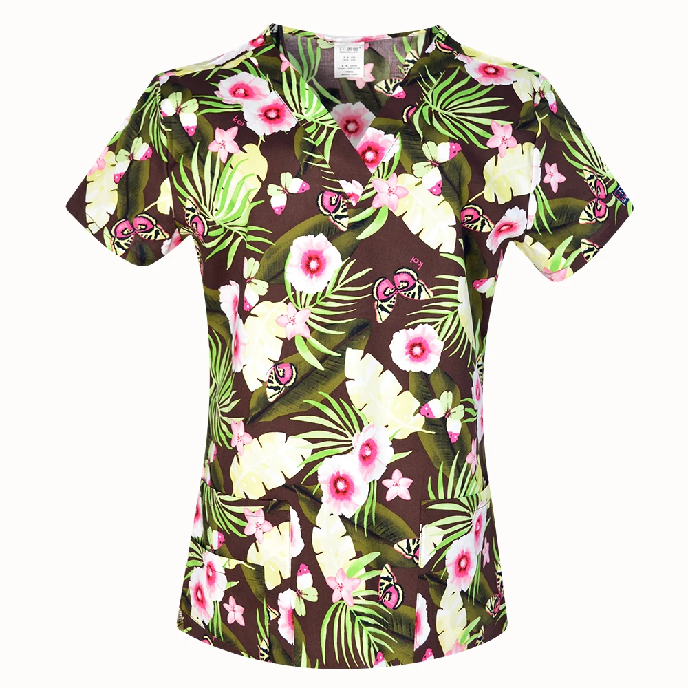 Hennar Print Scrub UniformFor Women In 100% Cotton 4 pockets,XXS-5XL Medical Scrub Tops