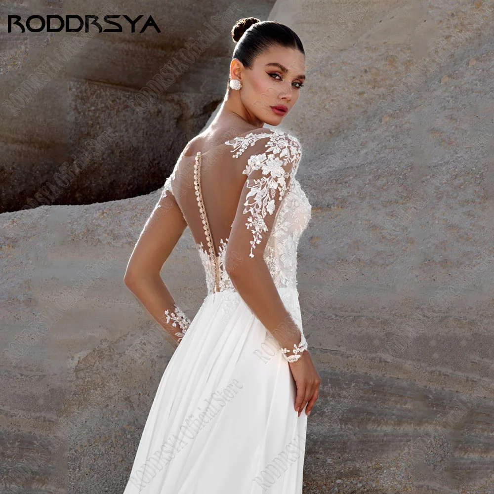 RODDRSYA Chiffon A-Line Wedding Dresses For Woman Long Sleeves O-Neck Applique Bride Gowns Illusion Back Beach Vestidos De Novia