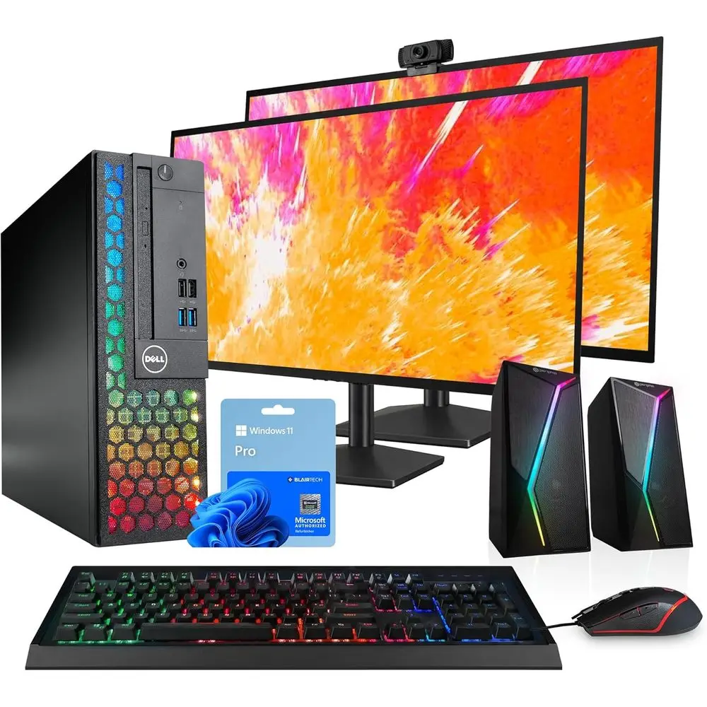 PC Gamer com RGB, Windows 11 Pro, Intel i5-8500, 16GB RAM, 1TB SSD, Duas Telas de 24 Polegadas, Áudio RGB, Webcam, WiFi 5G, Azul