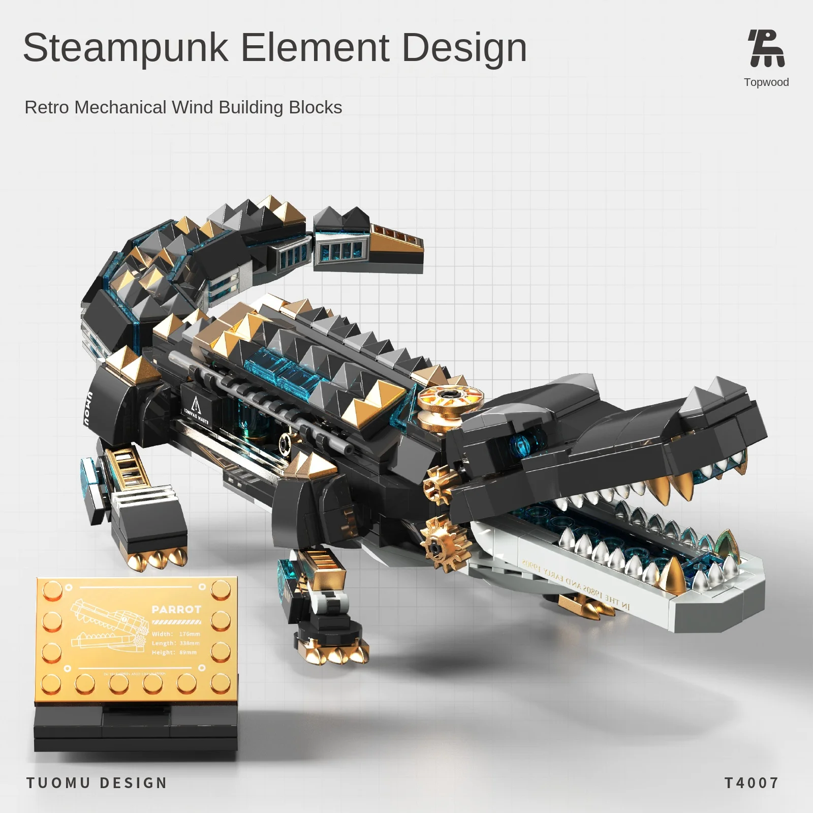 Tuomu T4007 Zware Gepantserde Krokodil Bouwsteen Stoom Da Vinci Serie Mechanische Montage Puzzel Speelgoed