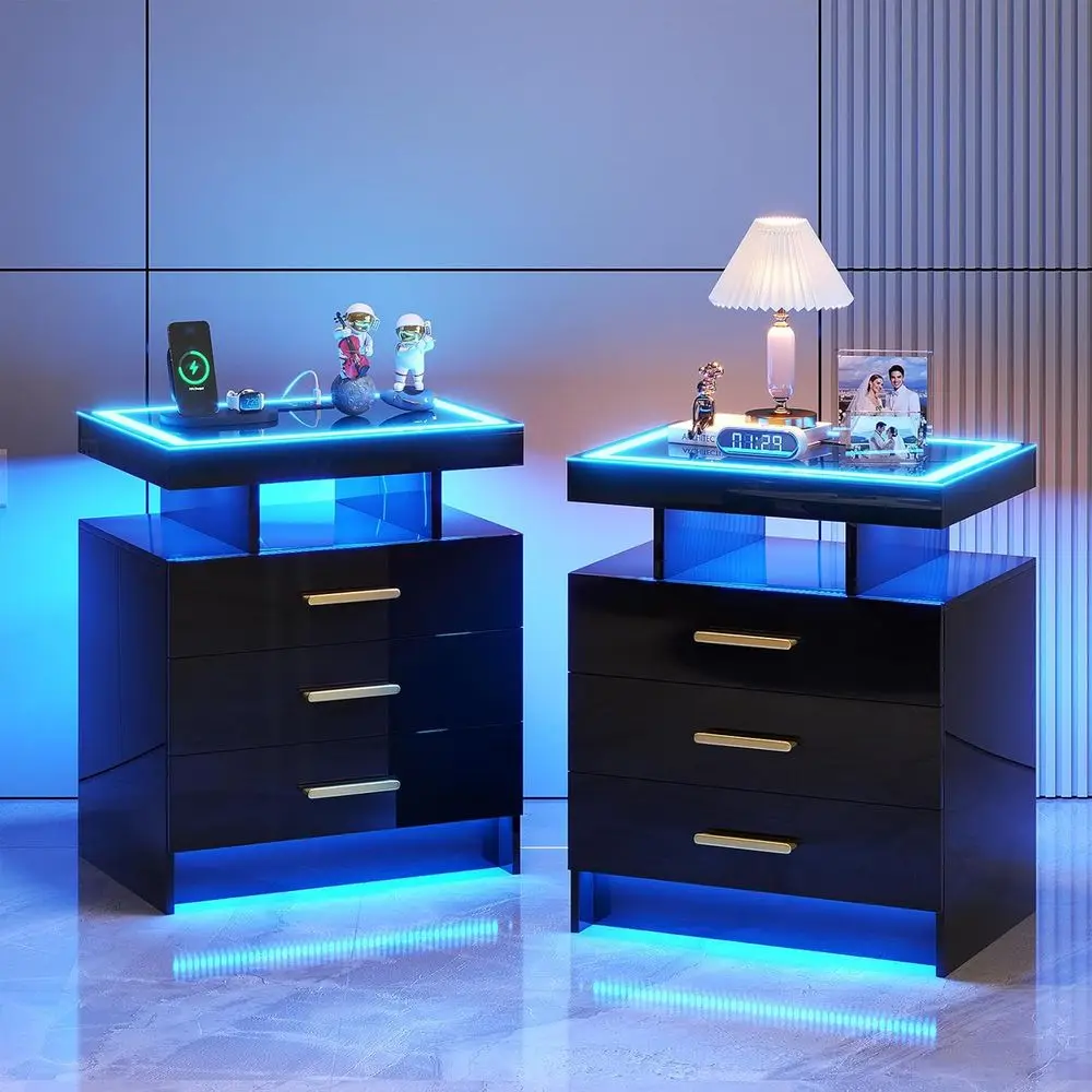 Nachttisch-Set 2-teilig mit LED-Beleuchtung, Hochglanz-Nachttisch mit 3 Schubladen, Kabellose & USB- & Typ-C-Ladestation, Intelligente Beistelltische mit Te
