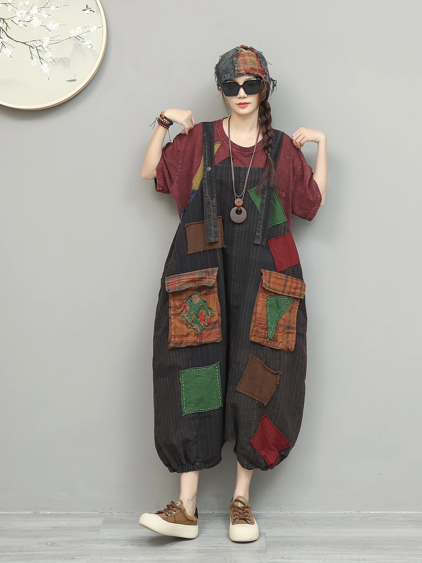 Unique Niche Style Distressed Vintage Fabric Patchwork Overalls Women High-waist Loose Sleeveless Jumpsuit ZXY090 - Image 2