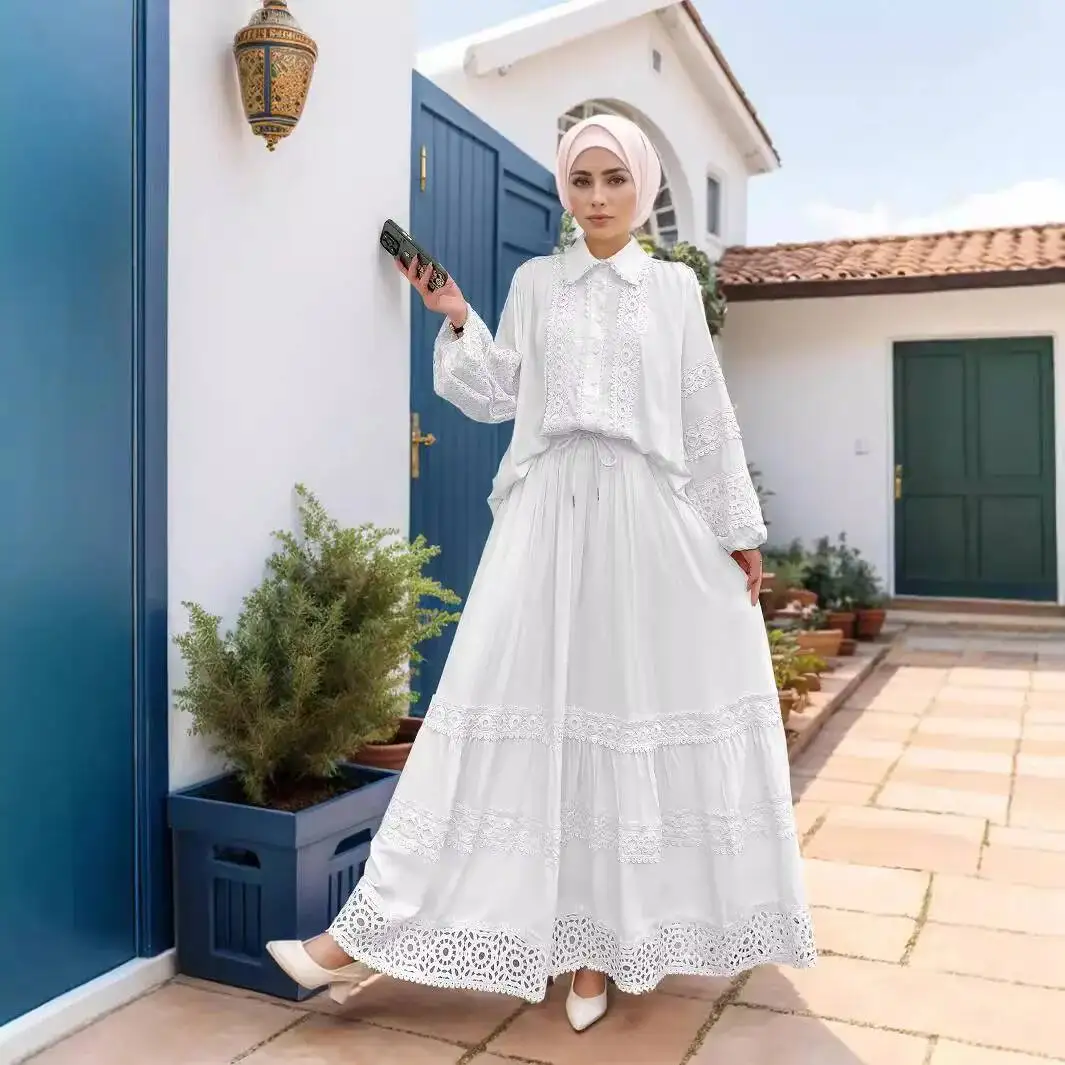 

M276# Muslim women's lace decal shirt+loose half skirt long skirt two-piece set