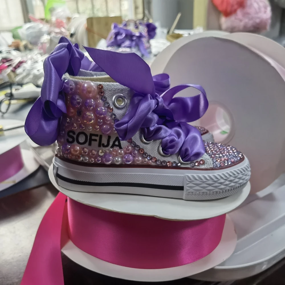 Kids Shoes Name Photo Custom Design For Girl Birthday Party Canvas Dollbling Handmade Bling Rainbow Pearls Sneakers