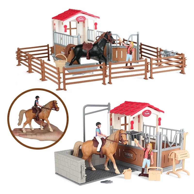 Simulation Farm Horse Fence Cart Animal Figurine Equestrian Knight Rider Stables House Model Action Figure Kids Educationa Toys