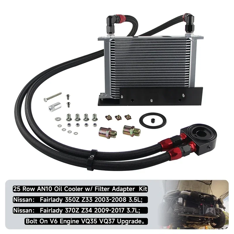 Oil Cooler 25 Row AN10 Bolt On Kit Fits for Nissan Fairlady 350Z Z33 03-08 3.5L/370Z Z34 09-17 3.7L VQ35 VQ37 Black / Silver