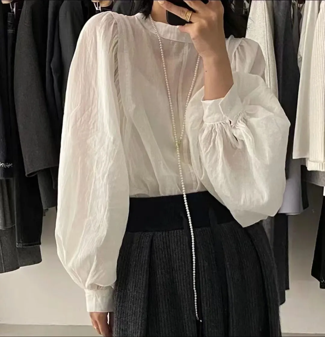 

BOLATU Cotton Linen irt Women's Long Sve Bubble Top Faionable Korean Sle Pure Color Commute Wind Button Design