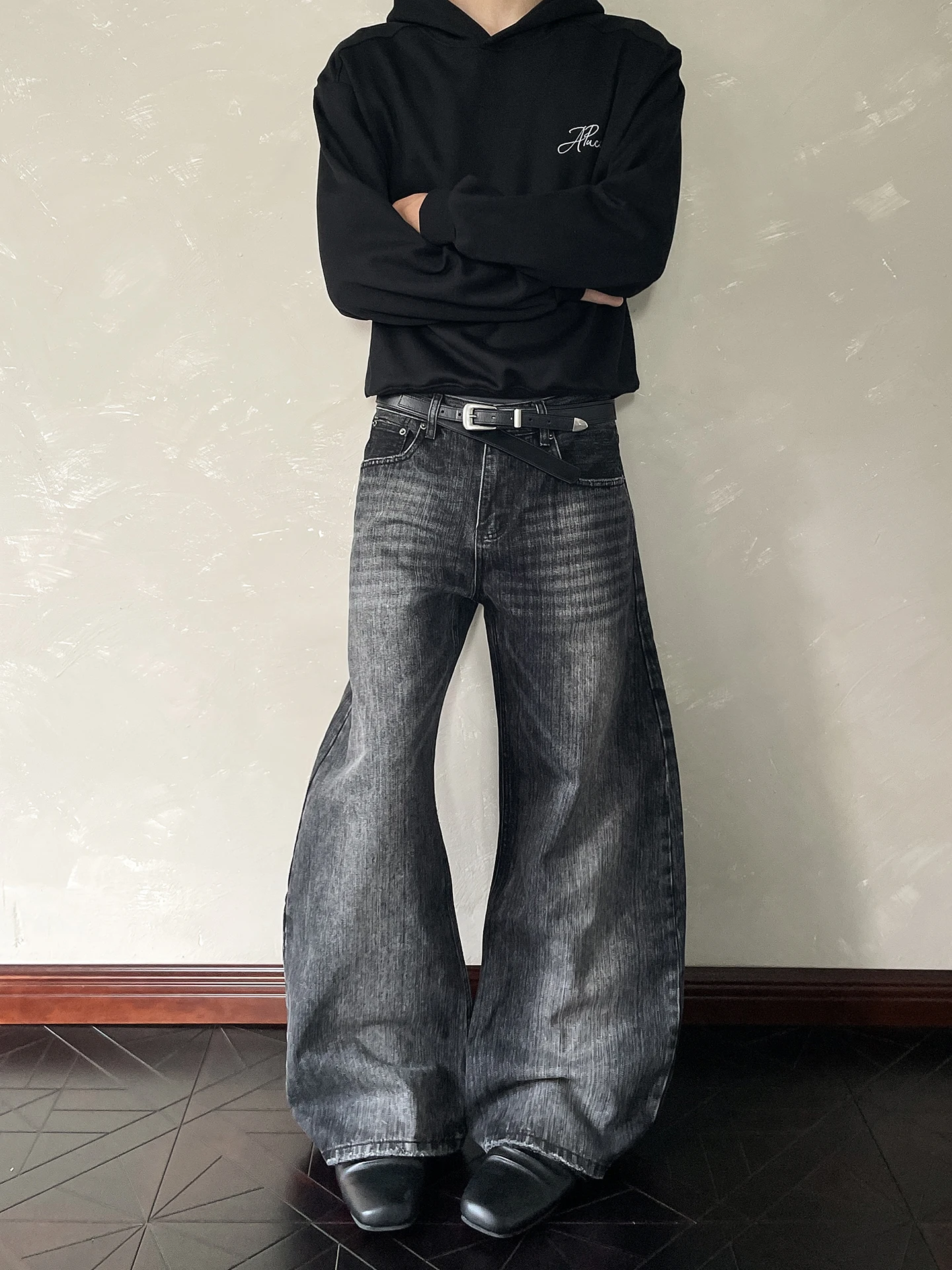 

American Retro Vintage Knife Distred Denim Jeans Cleanfit Silhouette Straight Floor Length Bell Bot Casual Cotton