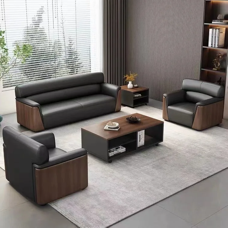 

Modern Simple Office Sofa Genuine Leather Solid Wood Coffee Table Combination for Business Reception Rest Negotiation Area