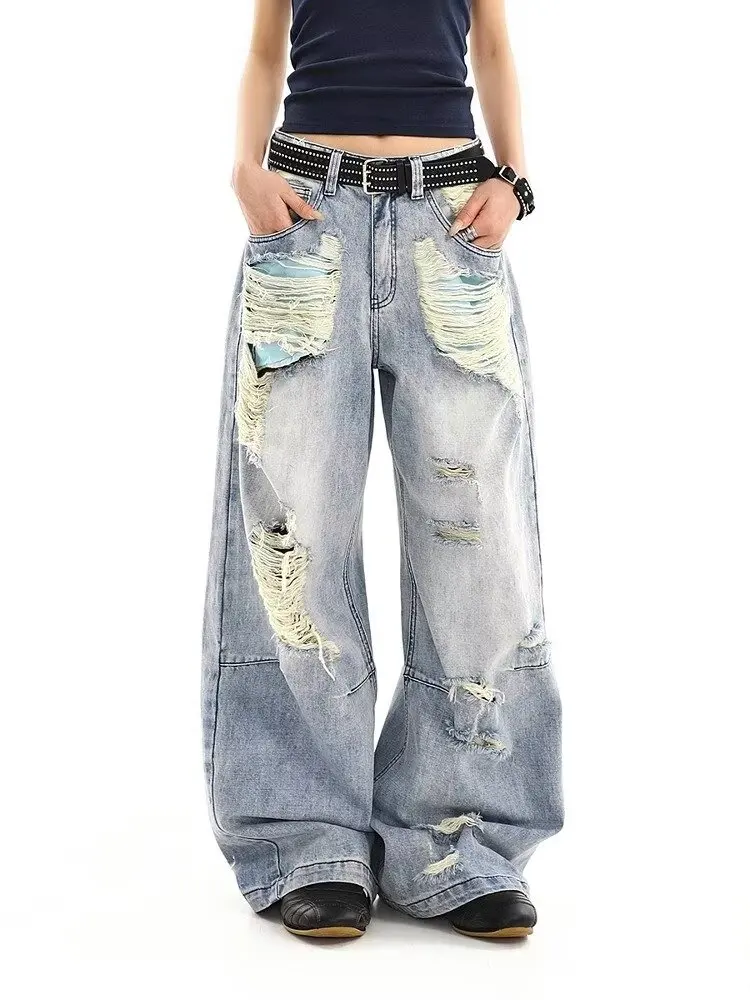 

Лето 2025 года, рваные женские синие джинсы с высокой талией, американская винтажная уличная одежда, широкие джинсы Y2K, брюки 2000-х годов, мешковатые джинсовые брюки