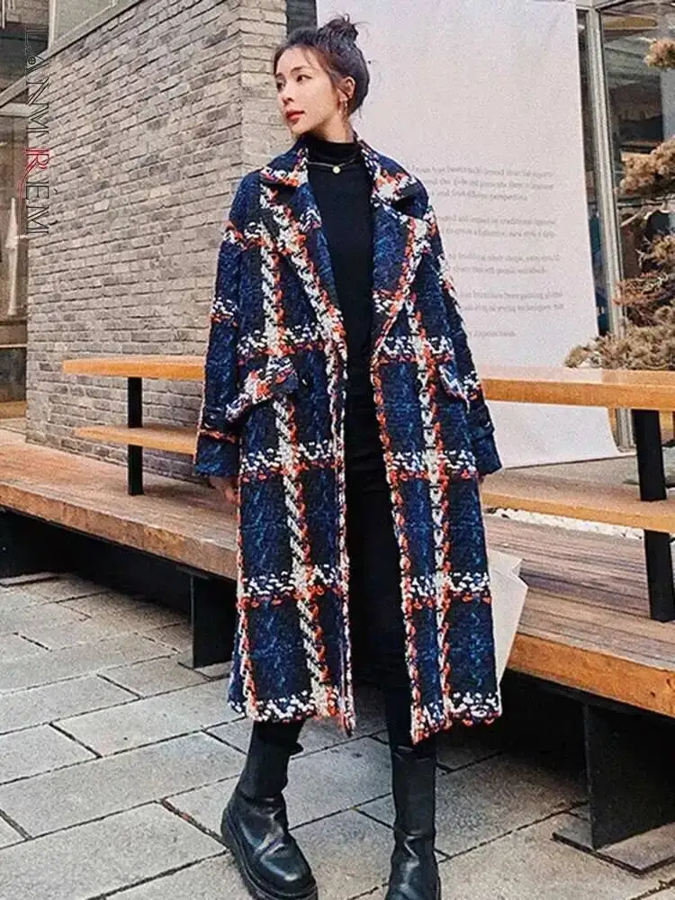 LANMREM-abrigo de lana a cuadros contrastante para mujer, abrigos holgados rectos de longitud media, ropa de calle 2DA9714